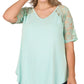 Solid V-Neck Short Sleeve Top with Lace