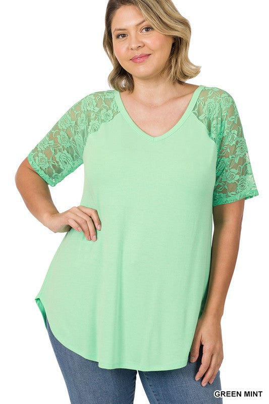 Solid V-Neck Short Sleeve Top with Lace