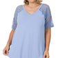 Solid V-Neck Short Sleeve Top with Lace