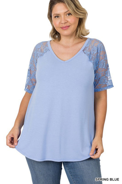 Solid V-Neck Short Sleeve Top with Lace