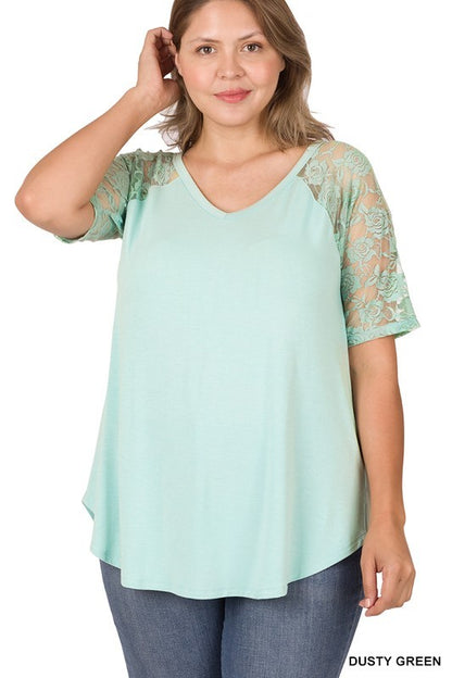 Solid V-Neck Short Sleeve Top with Lace