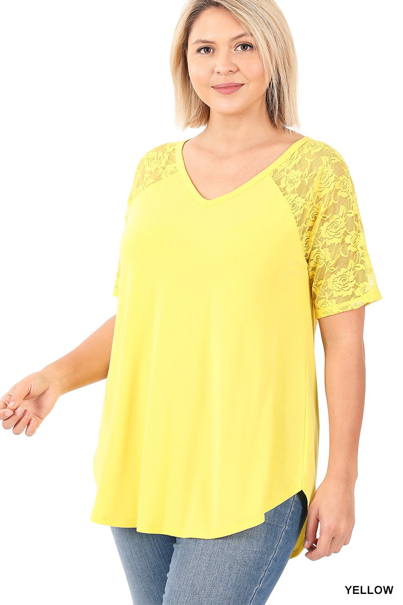 Solid V-Neck Short Sleeve Top with Lace