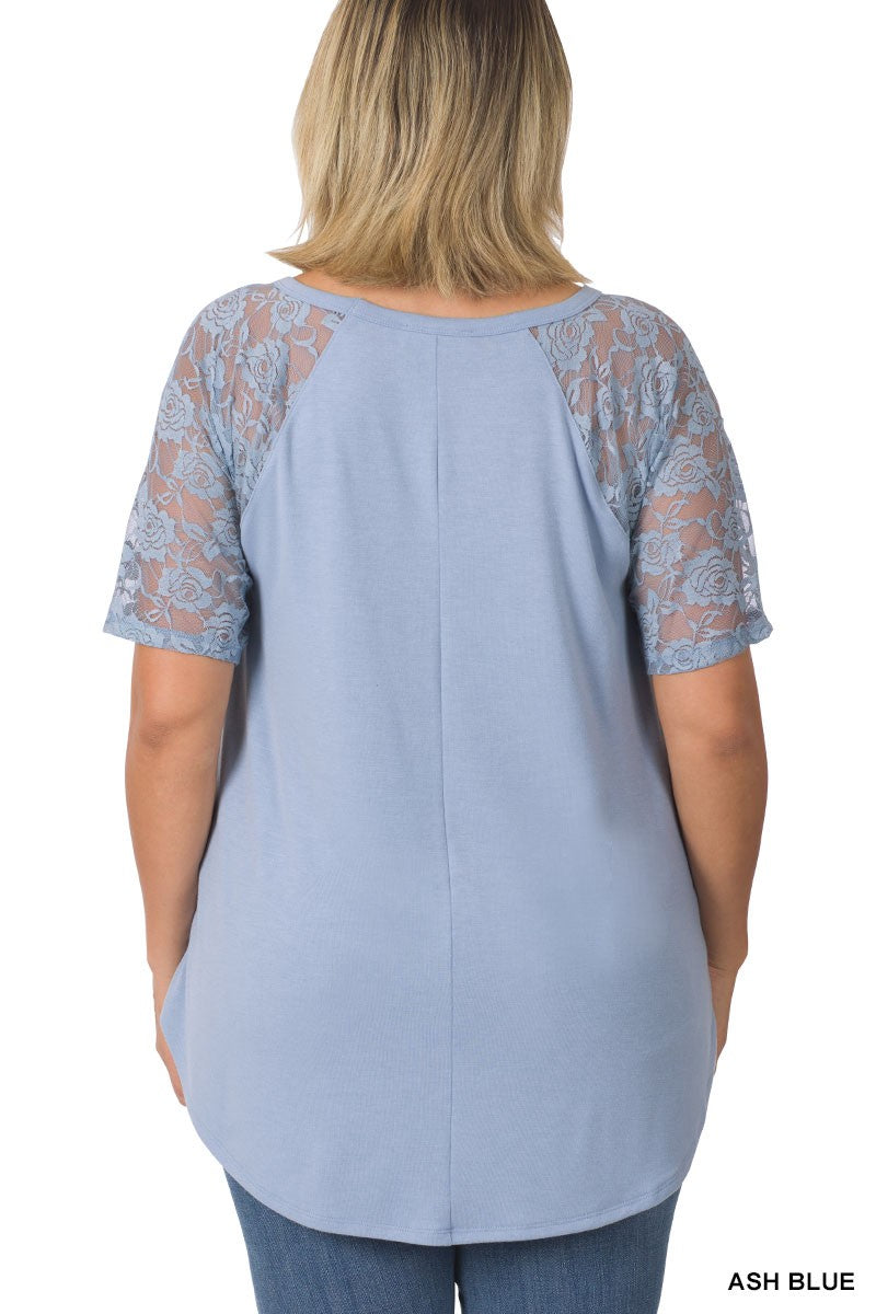 Solid V-Neck Short Sleeve Top with Lace