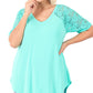 Solid V-Neck Short Sleeve Top with Lace