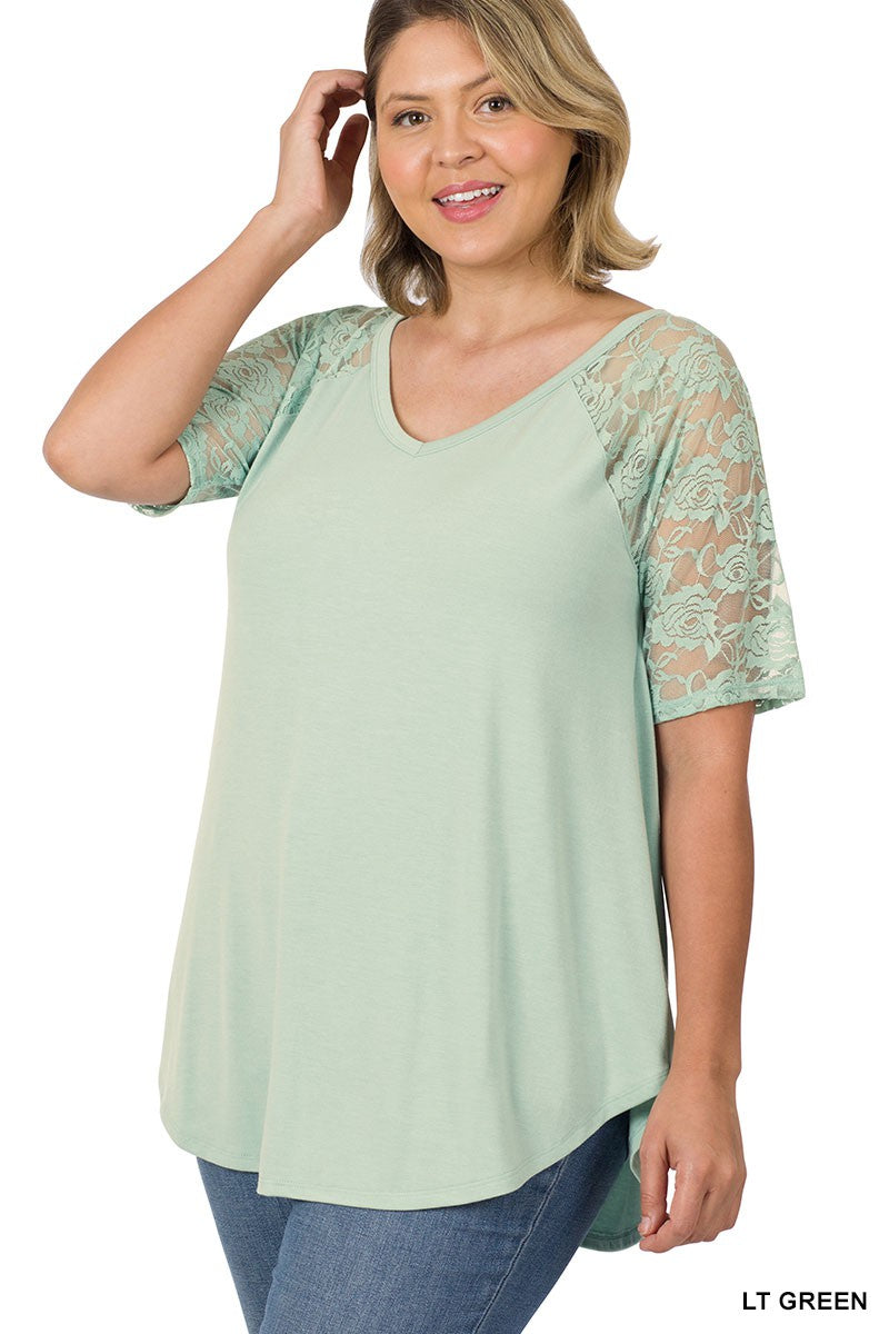 Solid V-Neck Short Sleeve Top with Lace