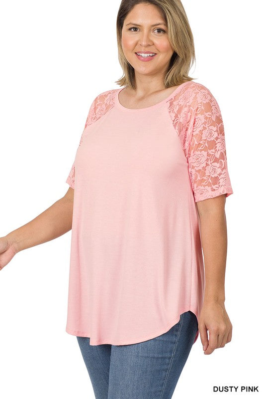 Solid Round Neck Short Sleeve Top with Lace