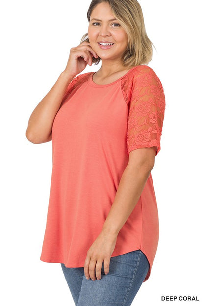 Solid Round Neck Short Sleeve Top with Lace