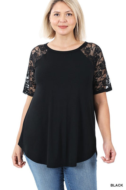 Solid Round Neck Short Sleeve Top with Lace