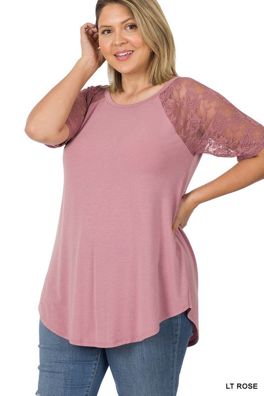 Solid Round Neck Short Sleeve Top with Lace