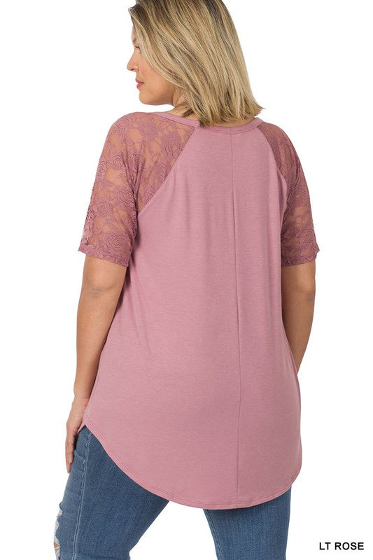 Solid Round Neck Short Sleeve Top with Lace