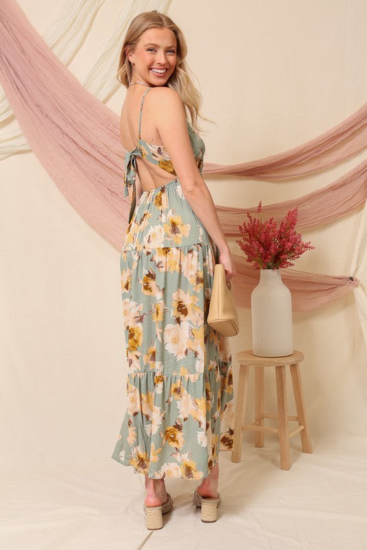 Open Back Floral Print Maxi Dress