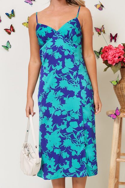 Floral Print Midi Dress with Back Criss Cross Detail