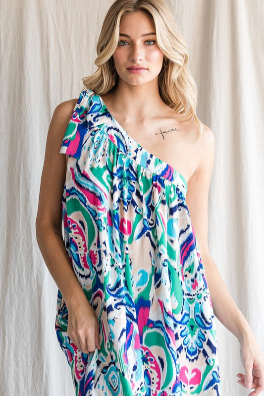 Multi Color Print One Shoulder Self-Tie Dress