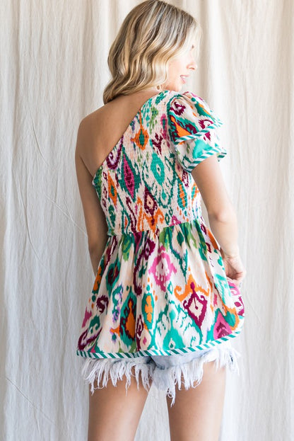 Print Peplum Smocked Top