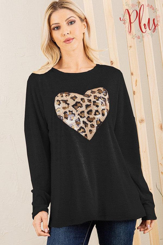 Curvy long sleeve animal print top with heart sequins patch. - Southern Sassy Boutique