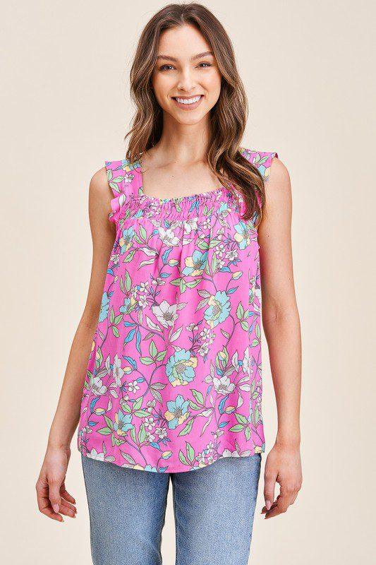 Floral Sqaure Neck Smoked Top - Southern Sassy Boutique