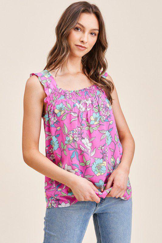 Image: Floral Sqaure Neck Smoked Top Pink | Southern Sassy Boutique