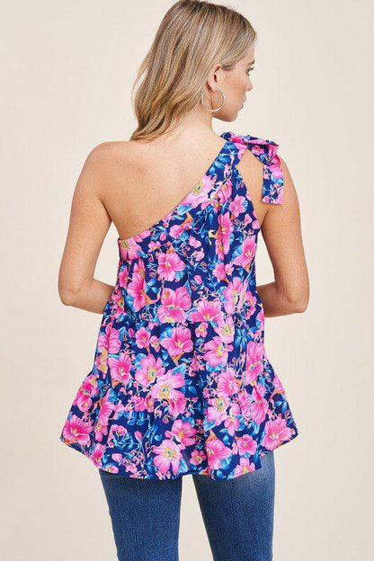 Floral Print One Shoulder Tiered Ruffle Top - Southern Sassy Boutique