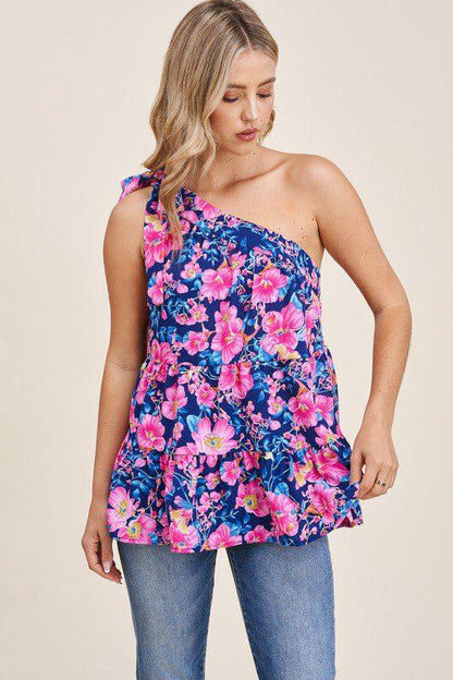 Image: Floral Print One Shoulder Tiered Ruffle Top Royal Blue | Southern Sassy Boutique