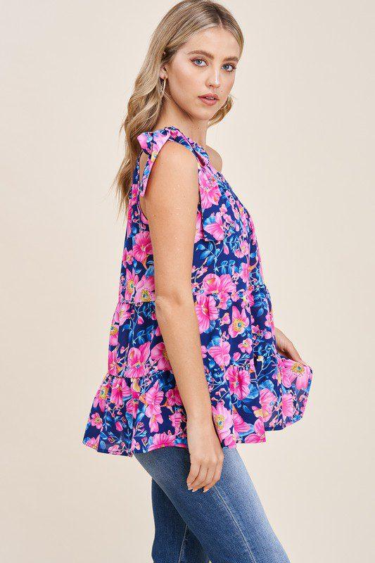 Floral Print One Shoulder Tiered Ruffle Top - Southern Sassy Boutique