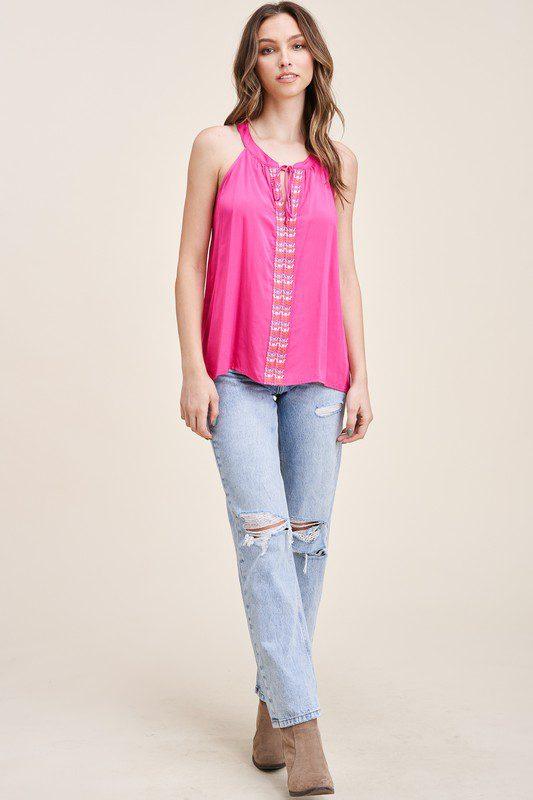 Fuchsia Halter Embroidered Top - Southern Sassy Boutique