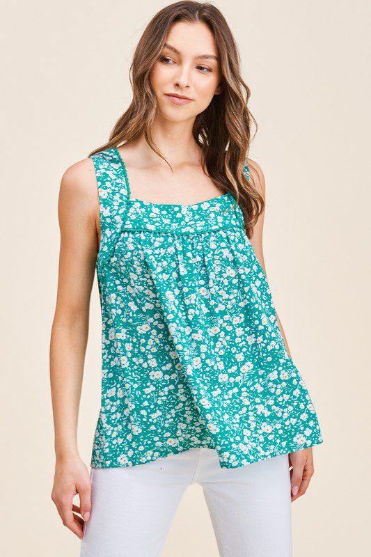 Image: Floral Print Square Neck Top Green | Southern Sassy Boutique