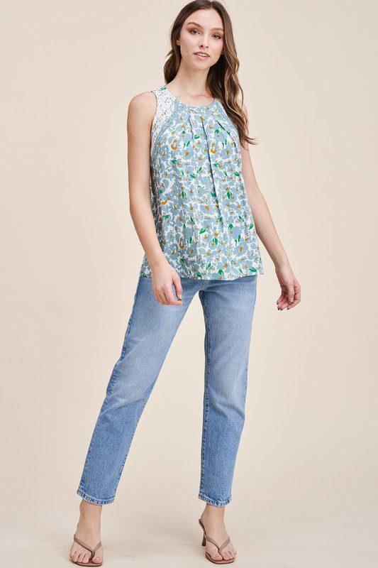 Image: Floral Print Lace Top Blue | Southern Sassy Boutique