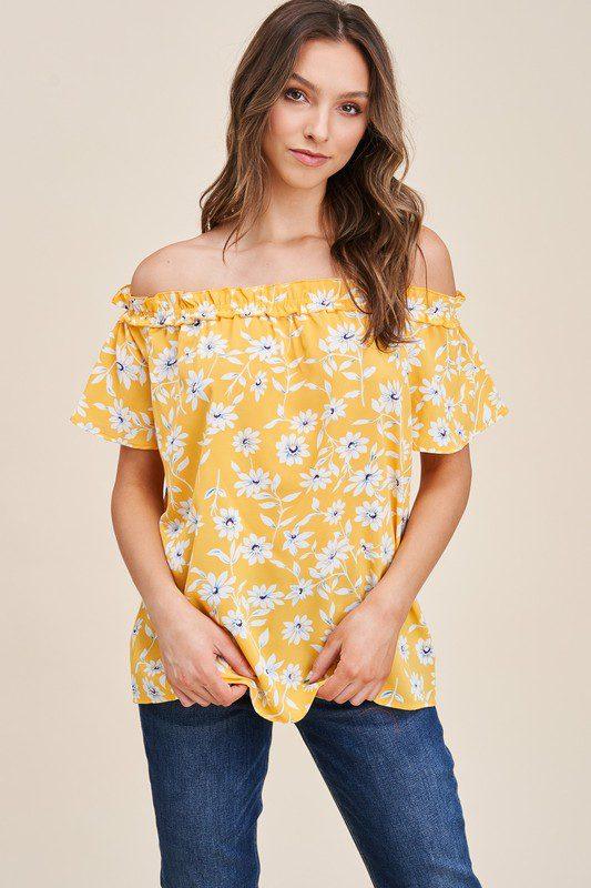 Image: Cold Shoulder Floral Print Top Yellow | Southern Sassy Boutique