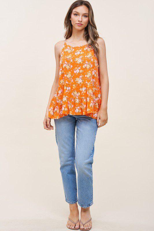 Floral Print, Ruffle Hem Tank Top - Southern Sassy Boutique