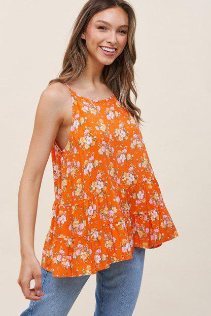 Floral Print, Ruffle Hem Tank Top - Southern Sassy Boutique