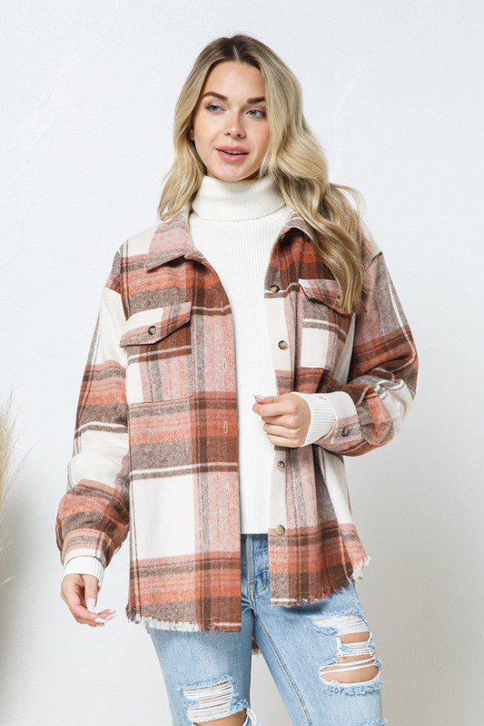 Image: Yarn Dyed Plaid Shacket with Front Pockets Rust | Southern Sassy Boutique