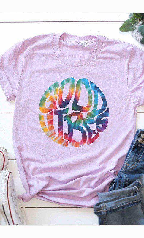 Image: Tie-dye Good Vibes Graphic T-shirt Lilac | Southern Sassy Boutique