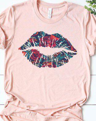 Image: Kiss lips rose tattoo print graphic tee Heather Peach | Southern Sassy Boutique