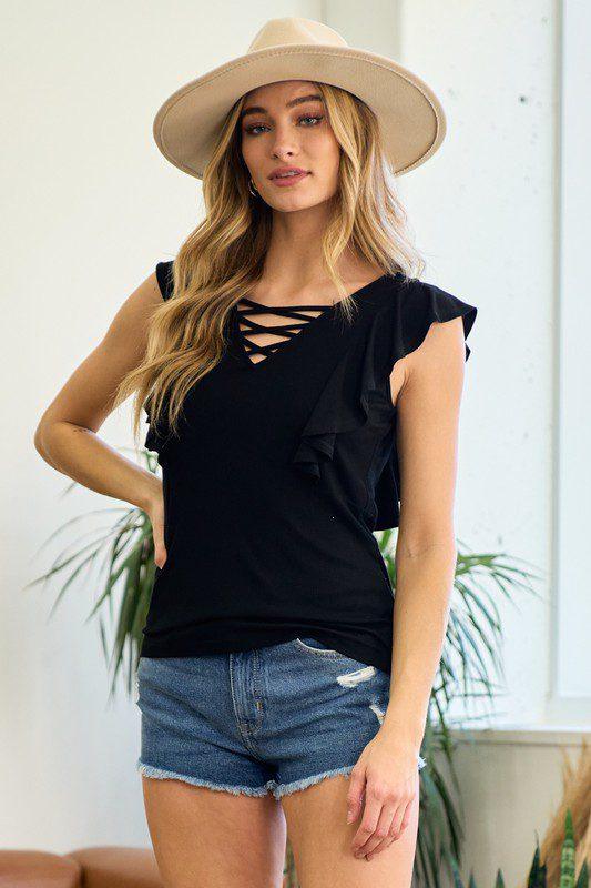 Image: Solid Ruffle Tank Top Black | Southern Sassy Boutique