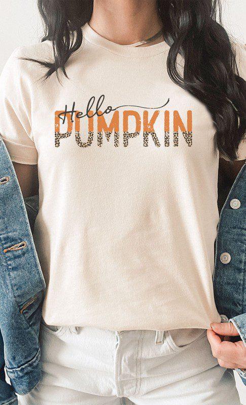 Image: Leopard Print Hello Pumpkin Graphic Tee. Cream | Southern Sassy Boutique