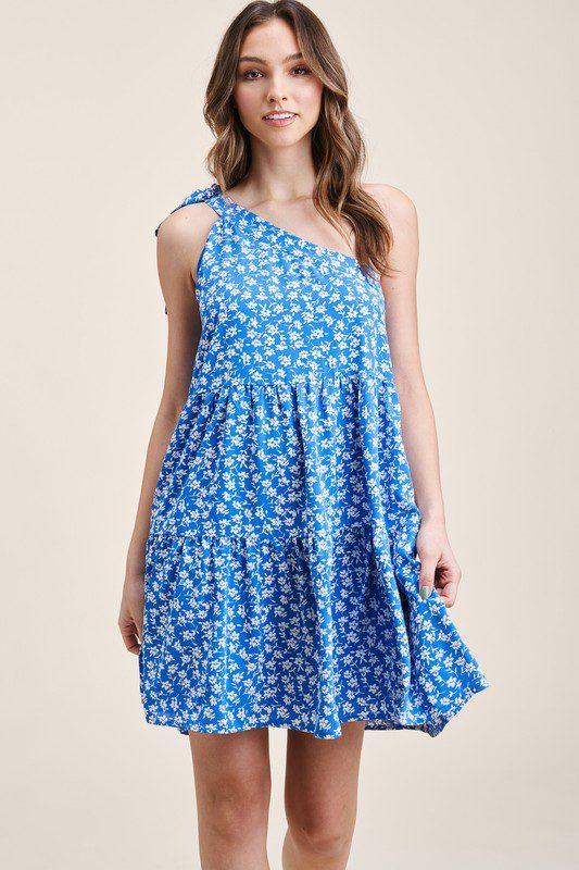 Image: One Shoulder Floral Print Dress Blue | Southern Sassy Boutique