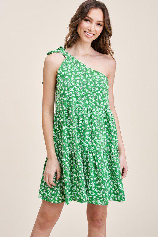 Image: One Shoulder Floral Print Dress Green | Southern Sassy Boutique