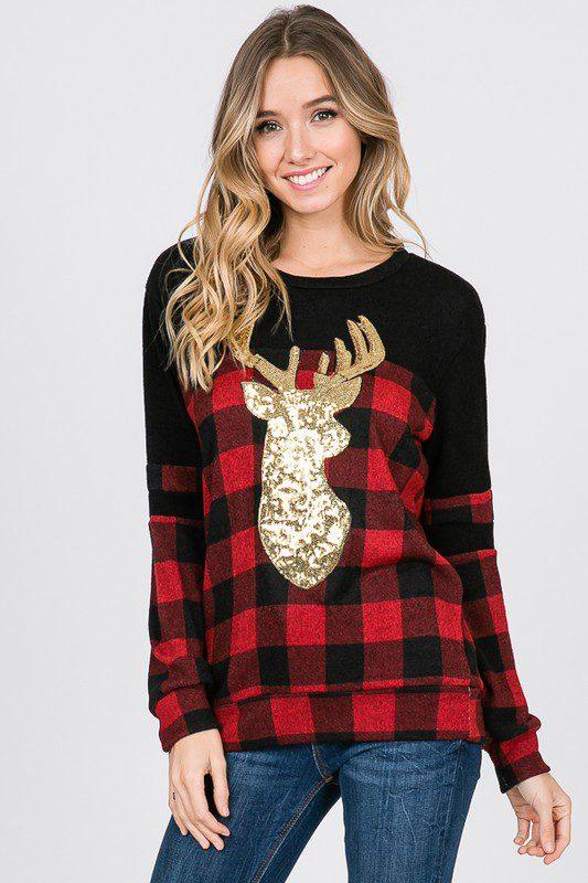 Image: Buffalo Plaid And Sequins Print Pullover Red | Southern Sassy Boutique