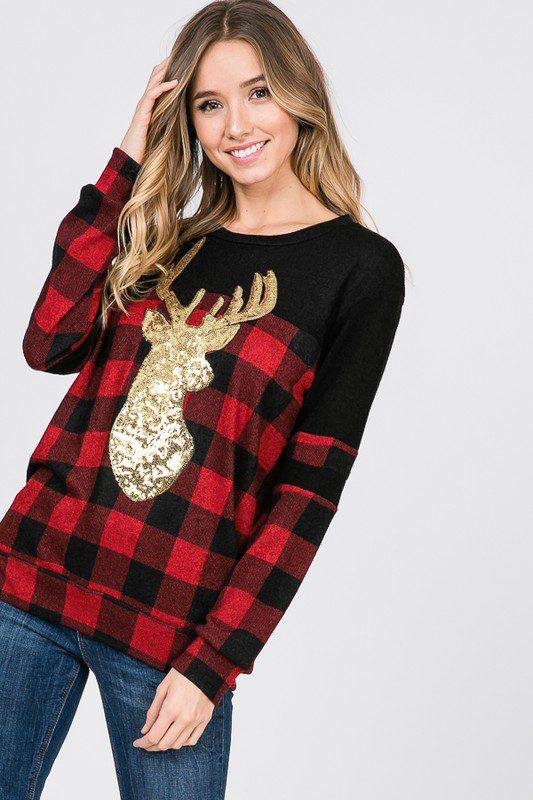 Buffalo Plaid And Sequins Print Sweatshirt - Southern Sassy Boutique