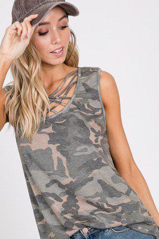 Image: Criss Cross Camo Tank Top Camo Print | Southern Sassy Boutique