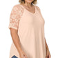 Solid V-Neck Short Sleeve Top with Lace