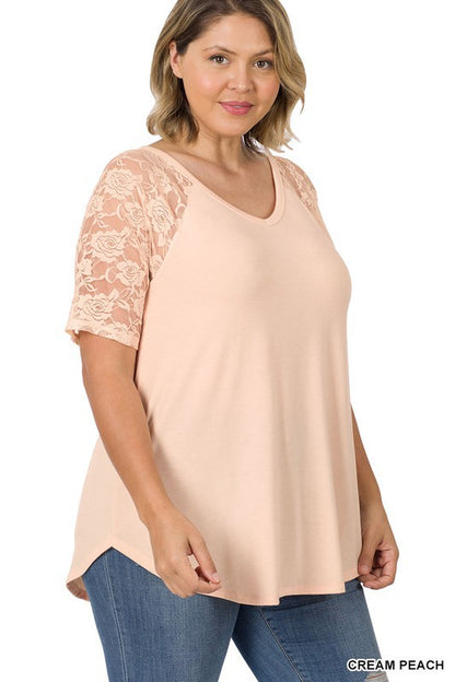 Solid V-Neck Short Sleeve Top with Lace