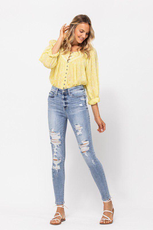 Beach Splash Destroyed Skinny Jeans - Southern Sassy Boutique