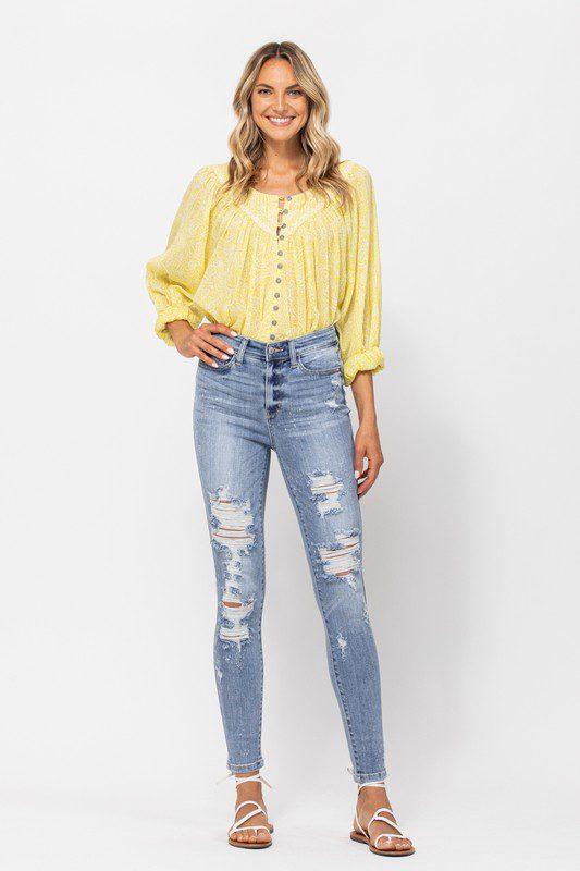 Image: Beach Splash Destroyed Skinny Jeans Light | Southern Sassy Boutique