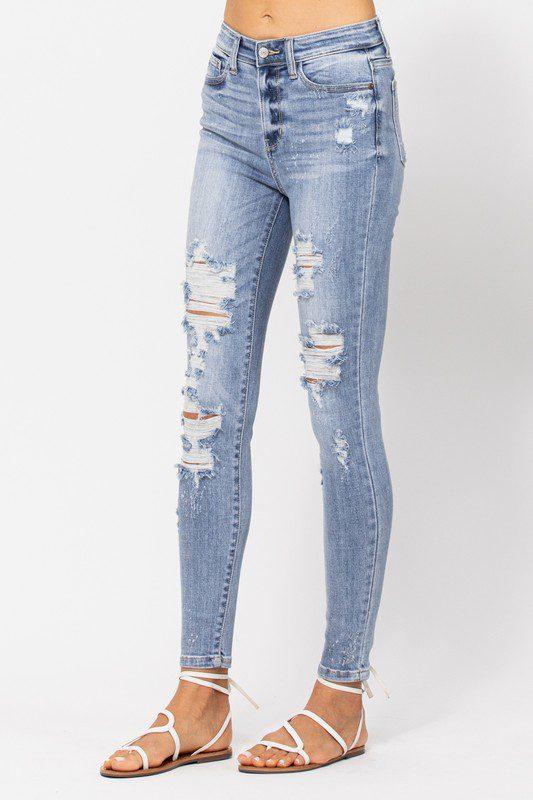 Beach Splash Destroyed Skinny Jeans - Southern Sassy Boutique