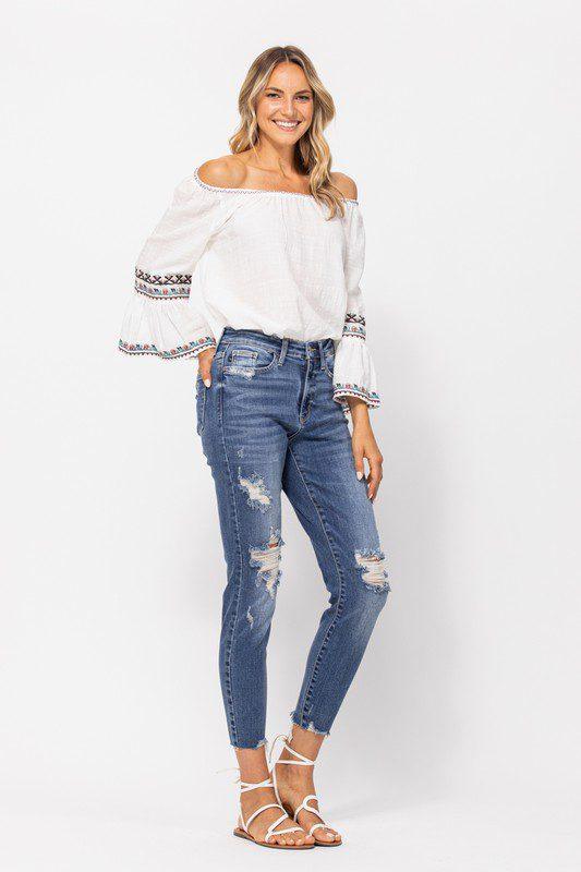 High Waist Destroyed Relax Fit Jeans - Southern Sassy Boutique