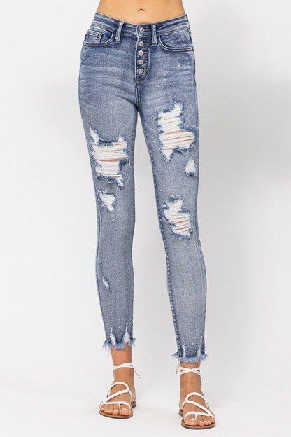 Beach Splash Destroyed Skinny Jeans - Southern Sassy Boutique