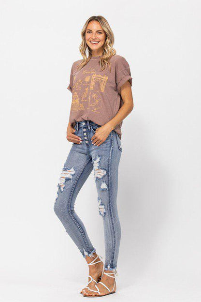 Beach Splash Destroyed Skinny Jeans - Southern Sassy Boutique