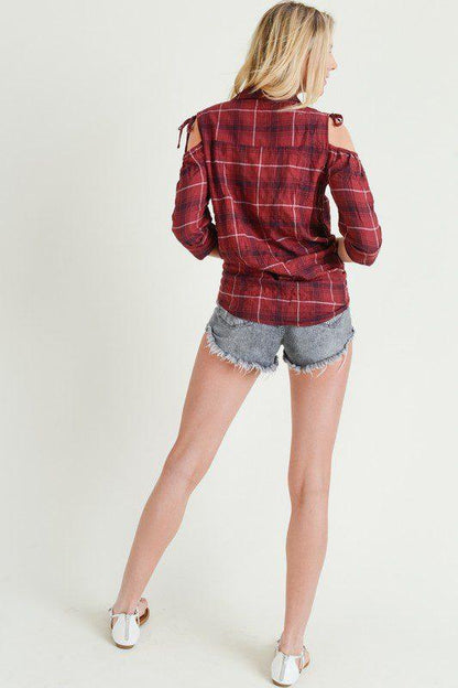 Plaid Cold Shoulder Top - Southern Sassy Boutique