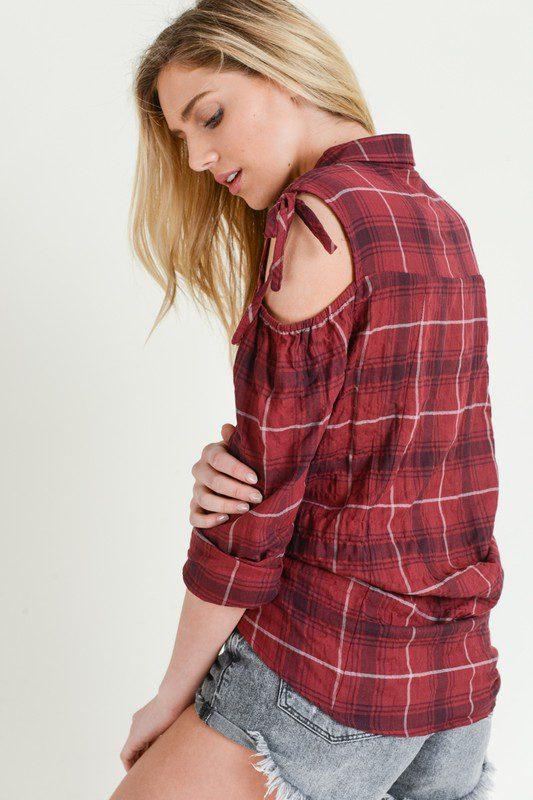 Plaid Cold Shoulder Top - Southern Sassy Boutique